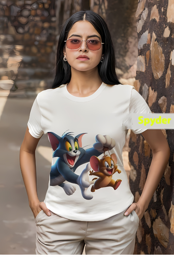 Tom and Jerry White & Black Printed T-Shirt: Classic Cartoon Fun with a Bold Twist